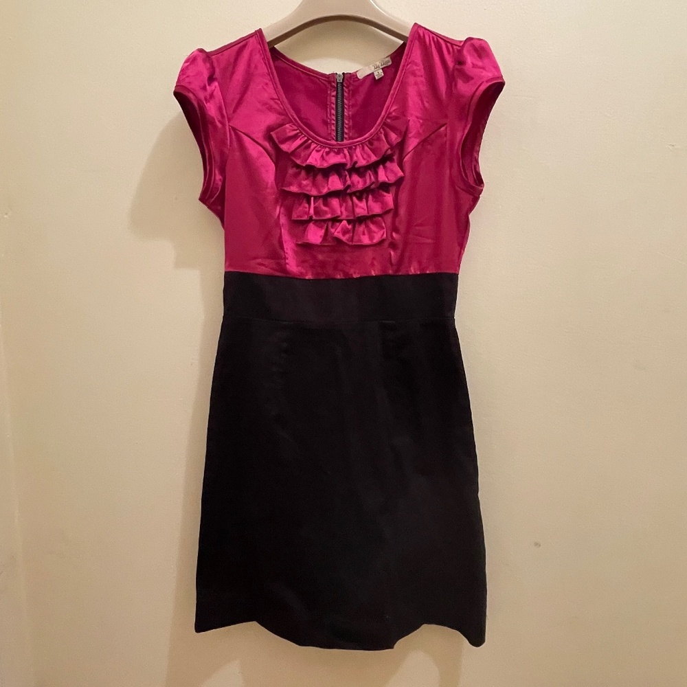 Bebop Stretch Pink/Black Satin Top/Pencil Skirt front Ruffle cocktail Dress.S